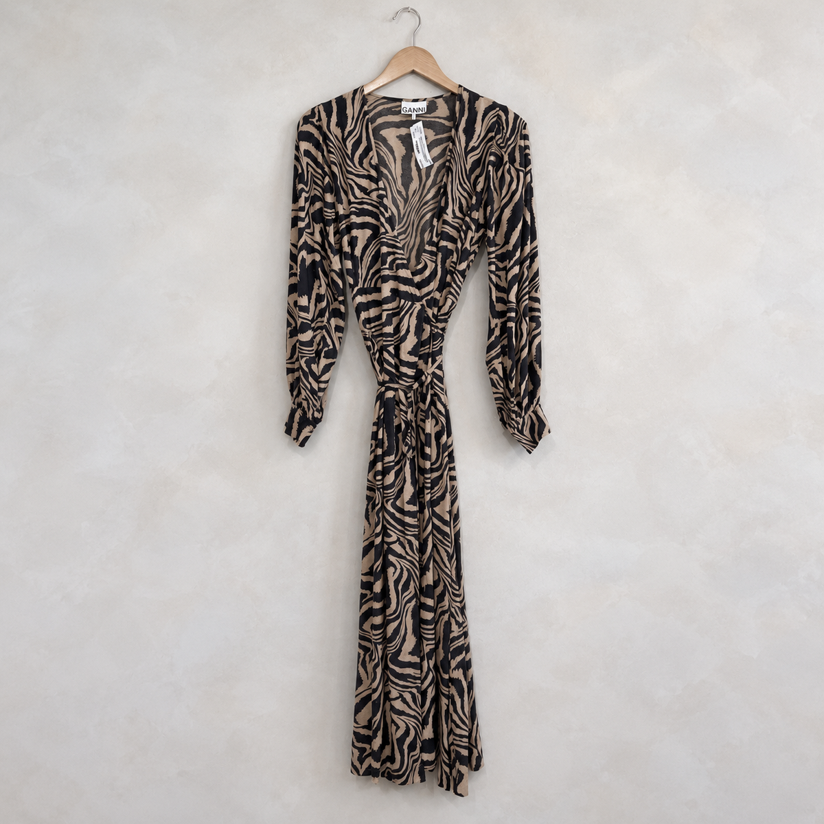 GANNI, Long Sleeve Rayon Animal Print Wrap Dress, 38