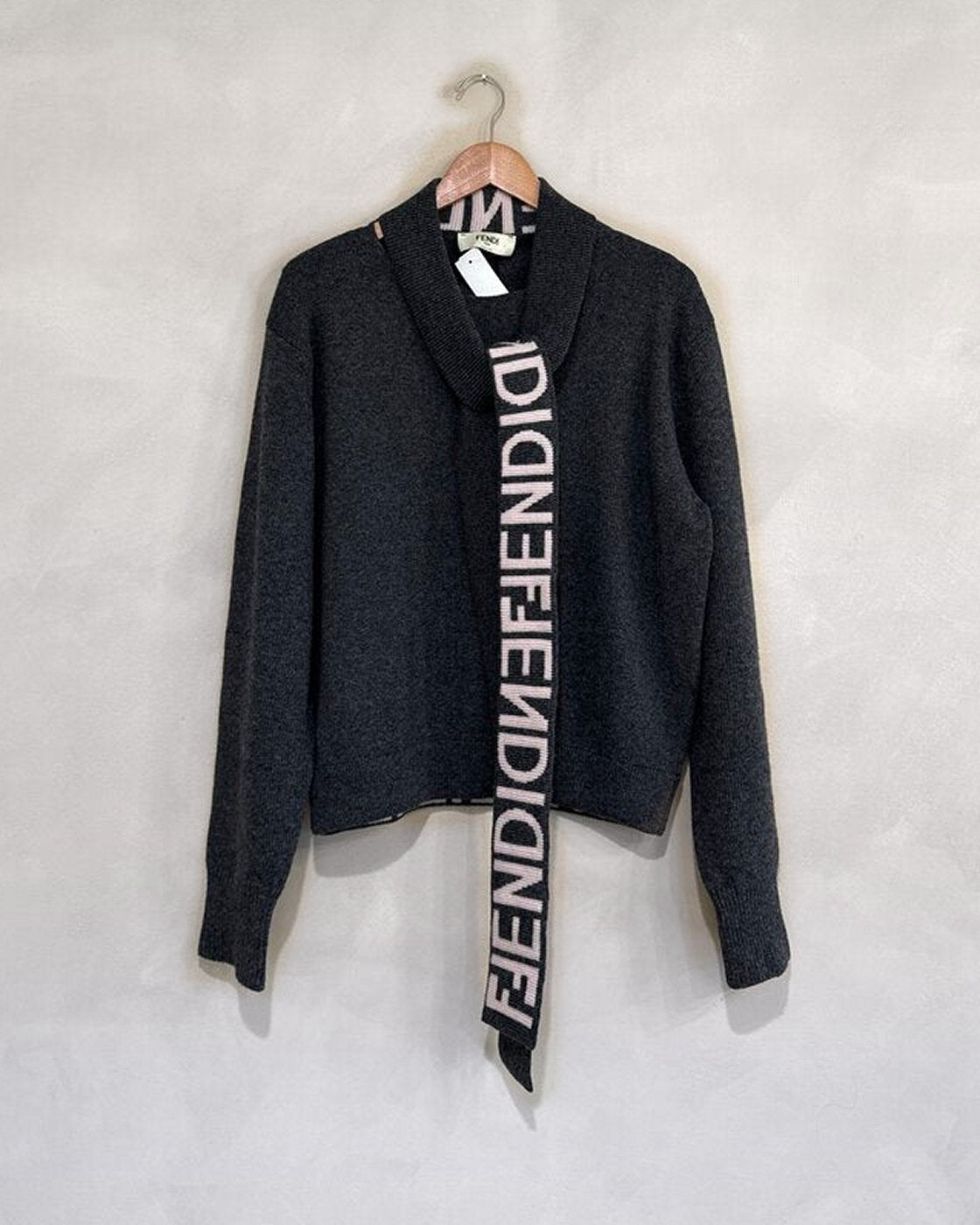 FENDI, Cardigan with Attached Logo Scarf, Size Not Listed