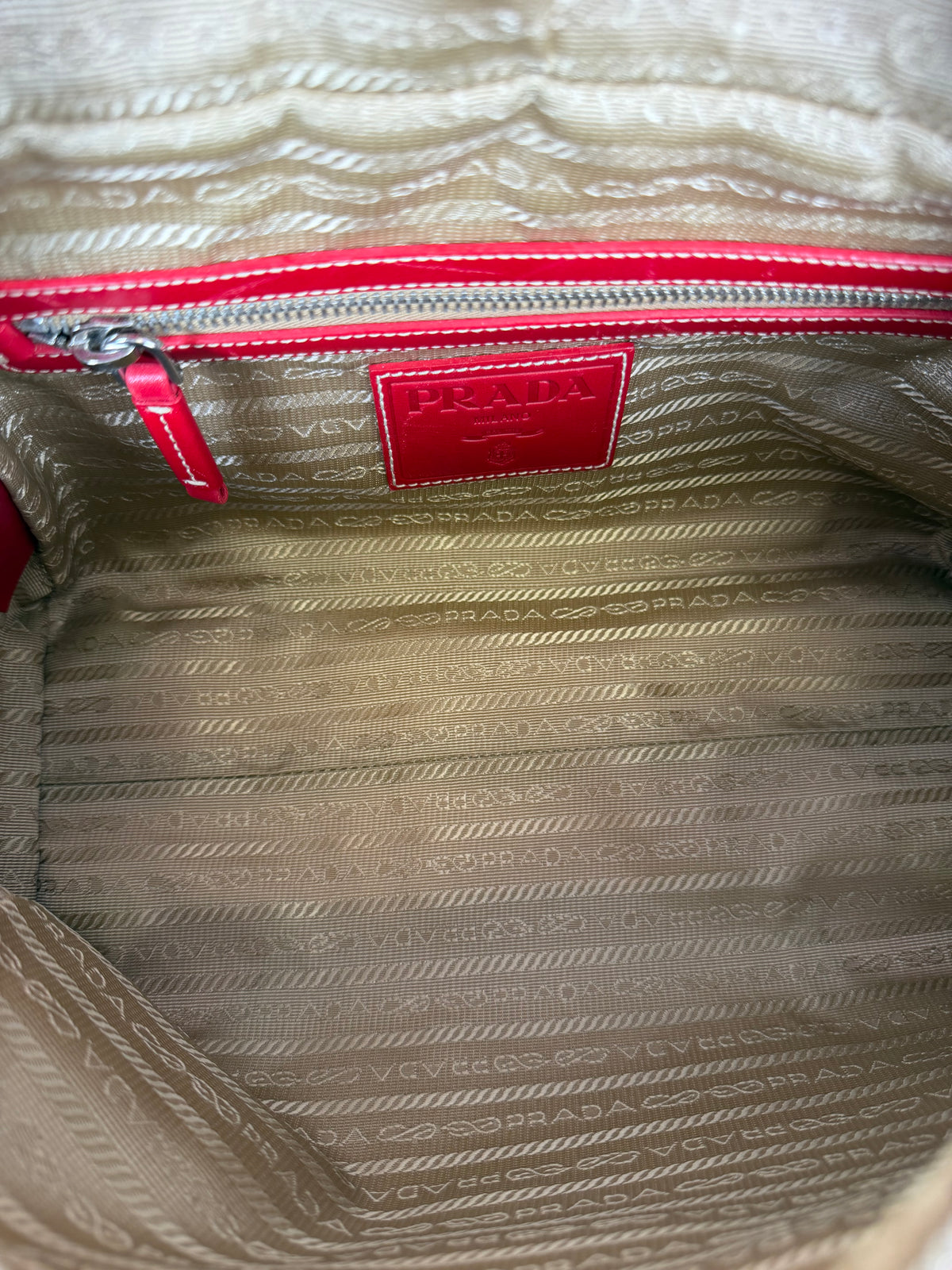 Prada Milano Bowling-Style Handbag with Canvas Fabric and Red Leather Trim