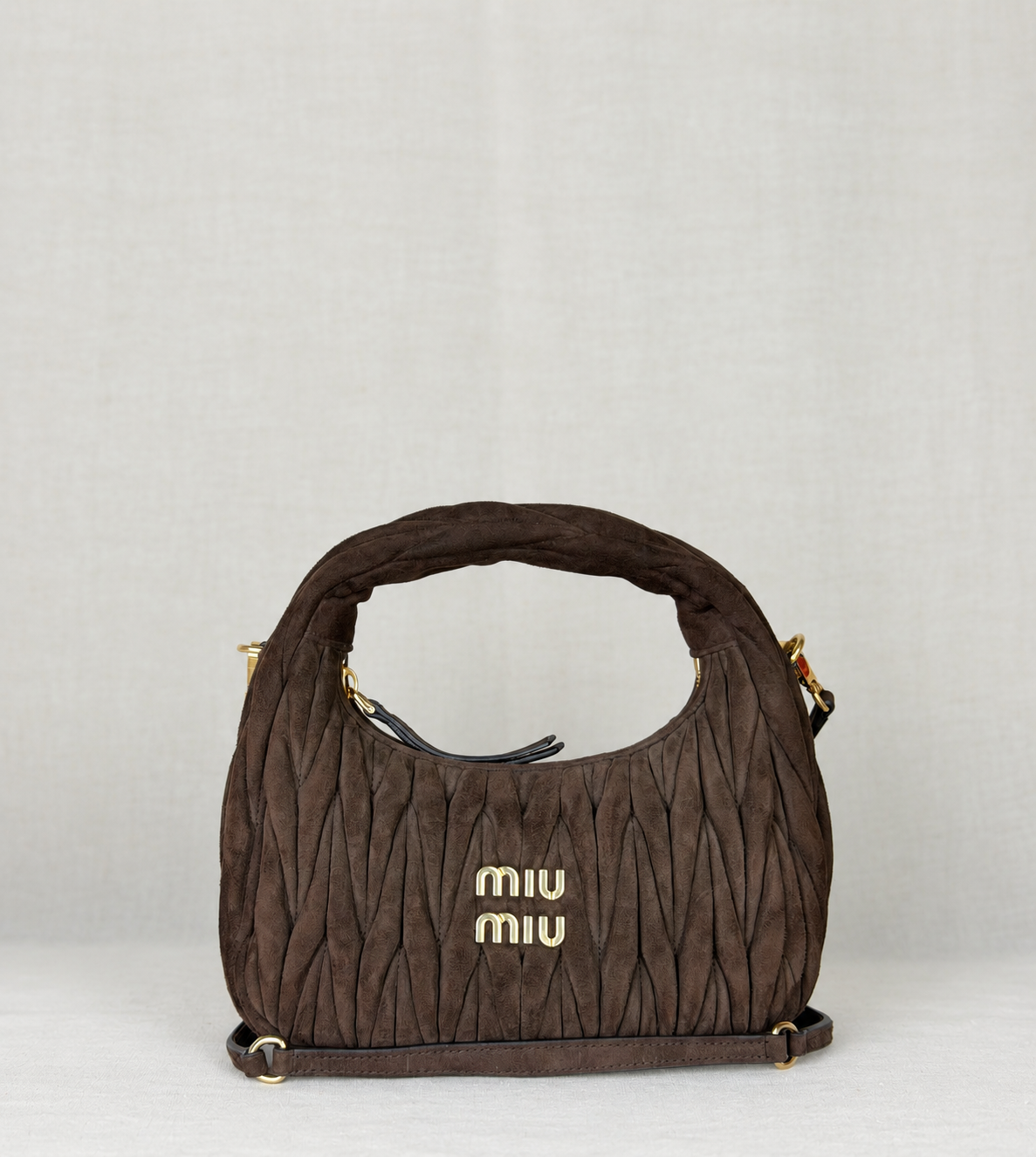 MIU MIU Matelasse Small Suede Hobo- Brown Suede