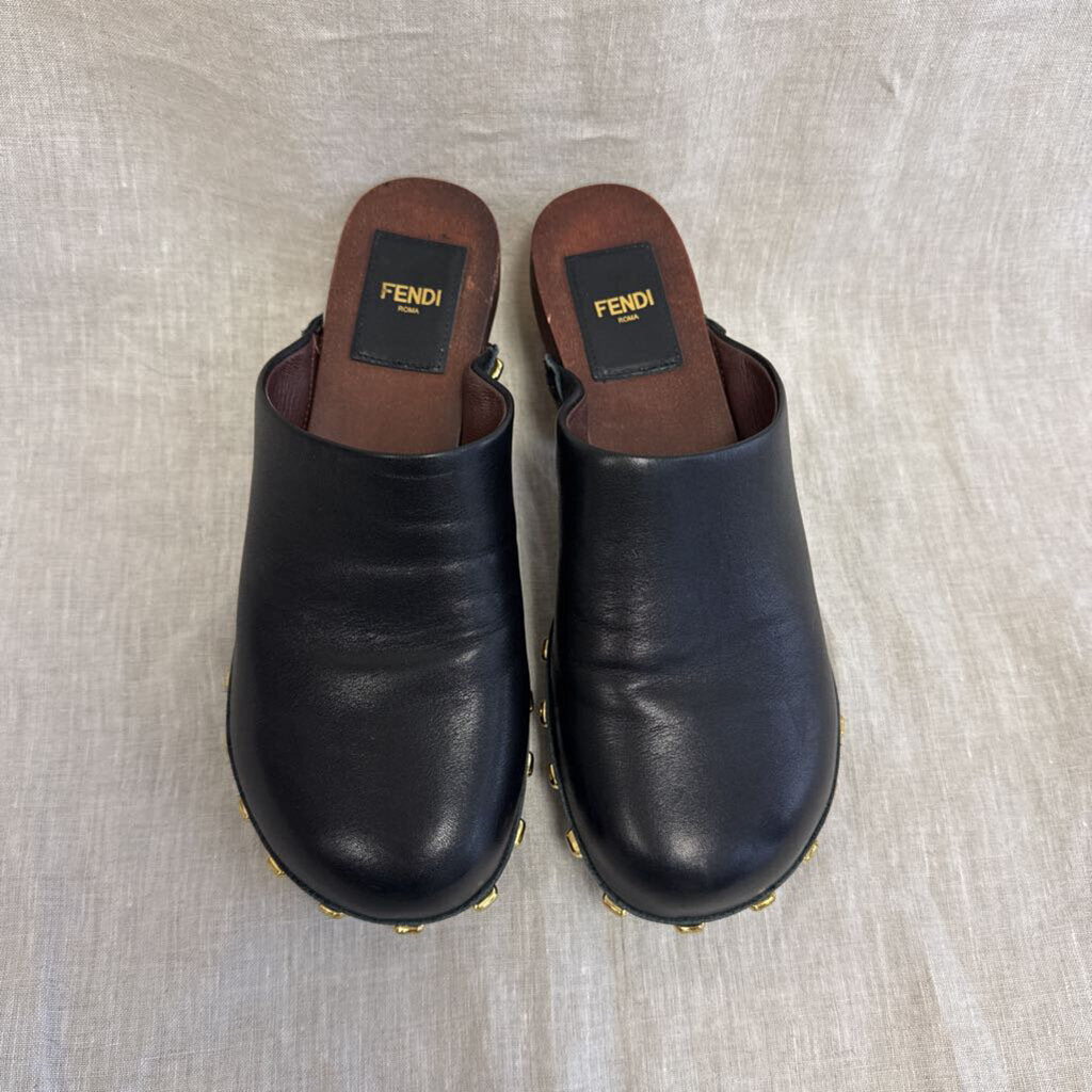 FENDI, Leather W Gold Logo Heel Clog, 39