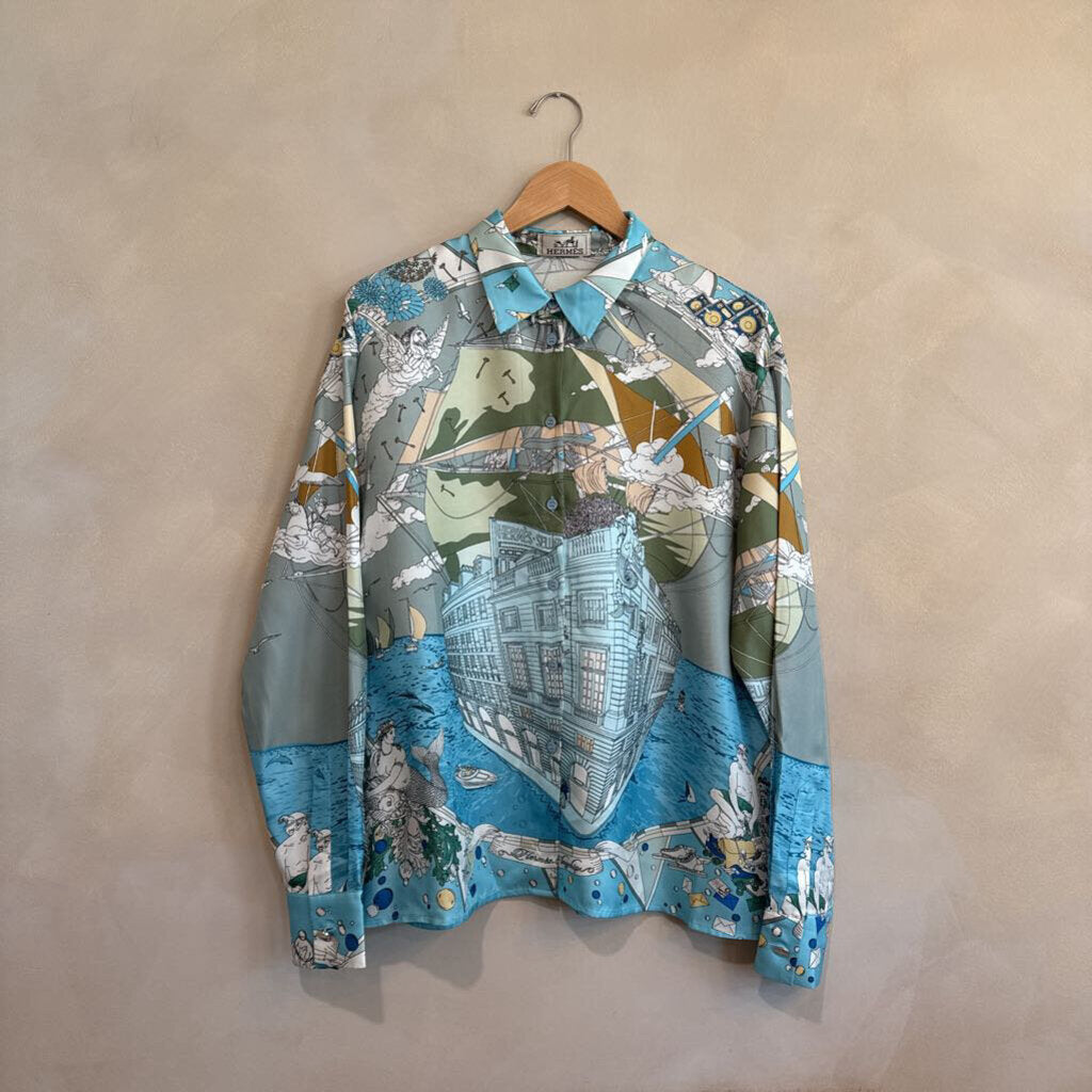 Hermes, 100% Silk Button Down Top, 40