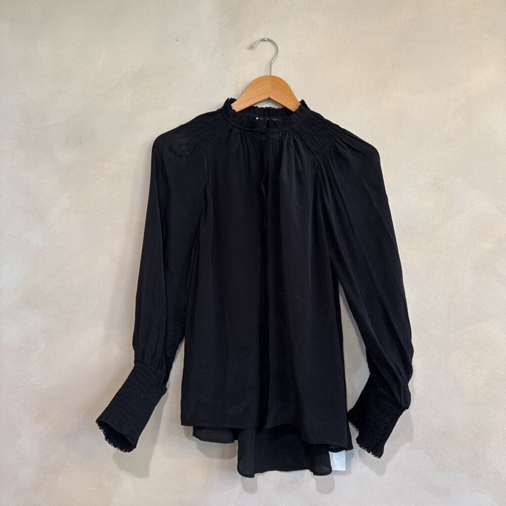 MARIACHER, Black Elastic Sleeve Button Up Blouse, S