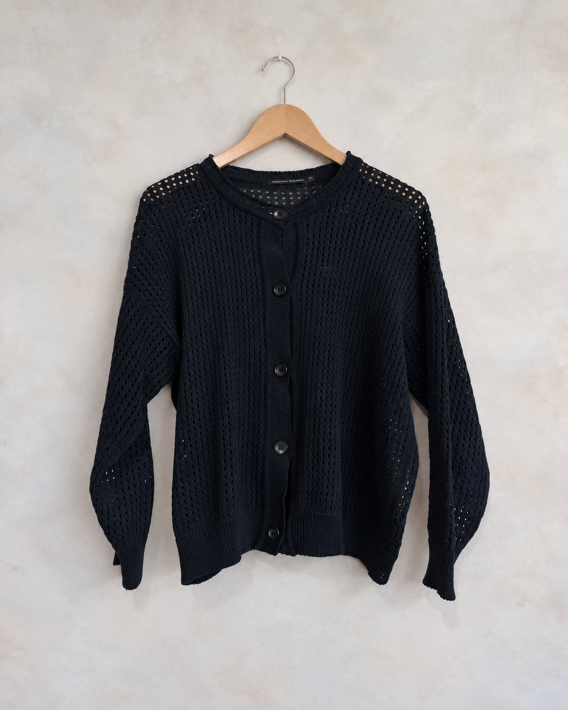 NICHOLSON & NICHOLSON, Cotton Mesh Cardigan, 40 on a wooden hanger