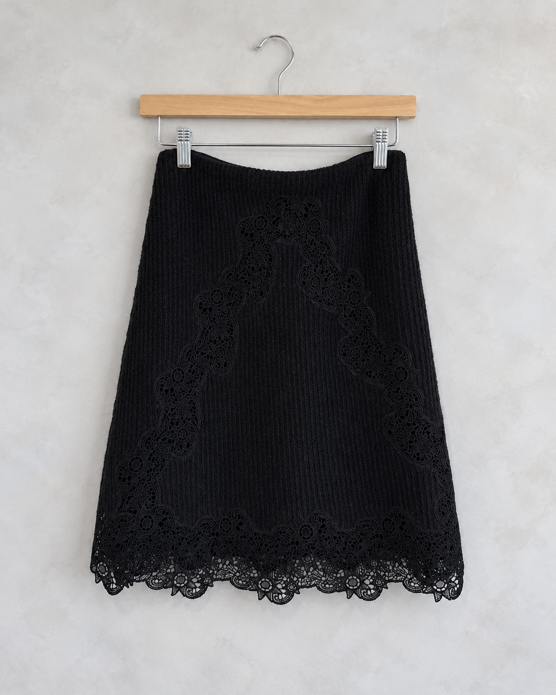 CHLOE, Ribbed Wool and Lace Skirt, S