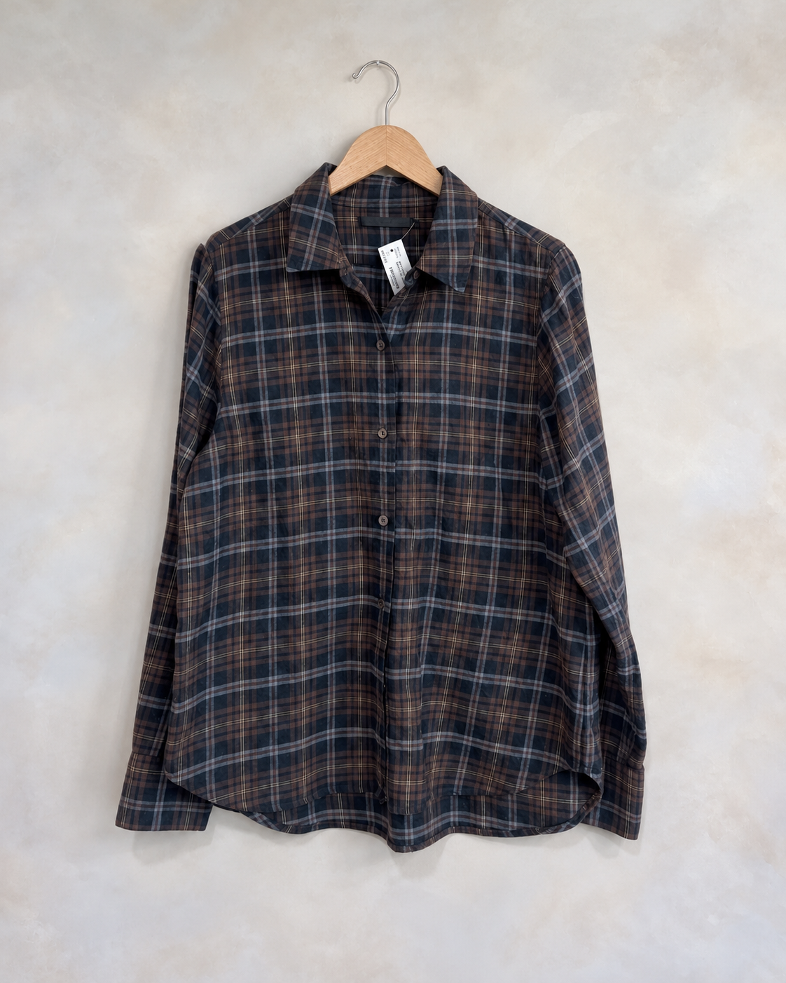 JENNI KAYNE, Cotton Plaid Button Up Shirt, M on a wooden hanger