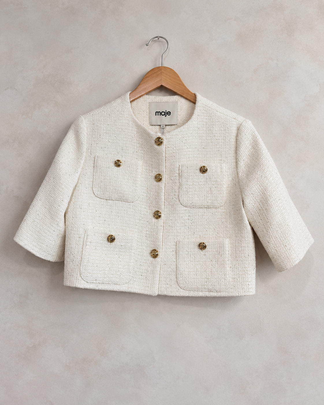 MAJE, Short Sleeve Tweed Cropped Jacket, S on a wooden hanger