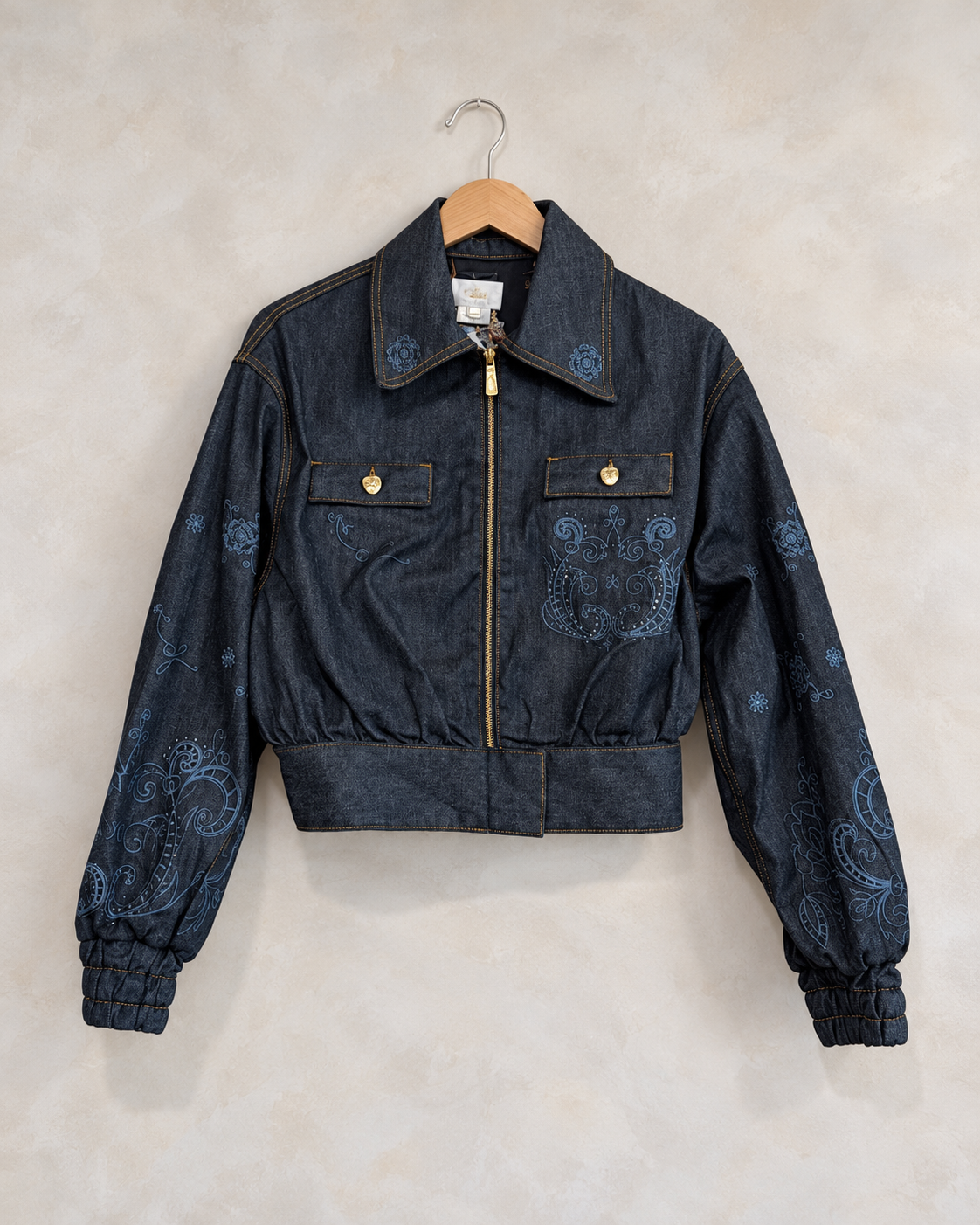 CAMILLA, Embellished Denim Bomber Jacket, XS/S on a wooden hanger