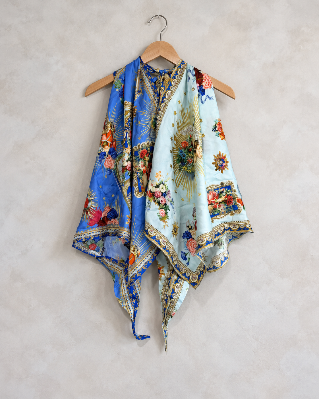 CAMILLA, Silk Printed Embellished Scarf Top, XS/S on a wooden hanger
