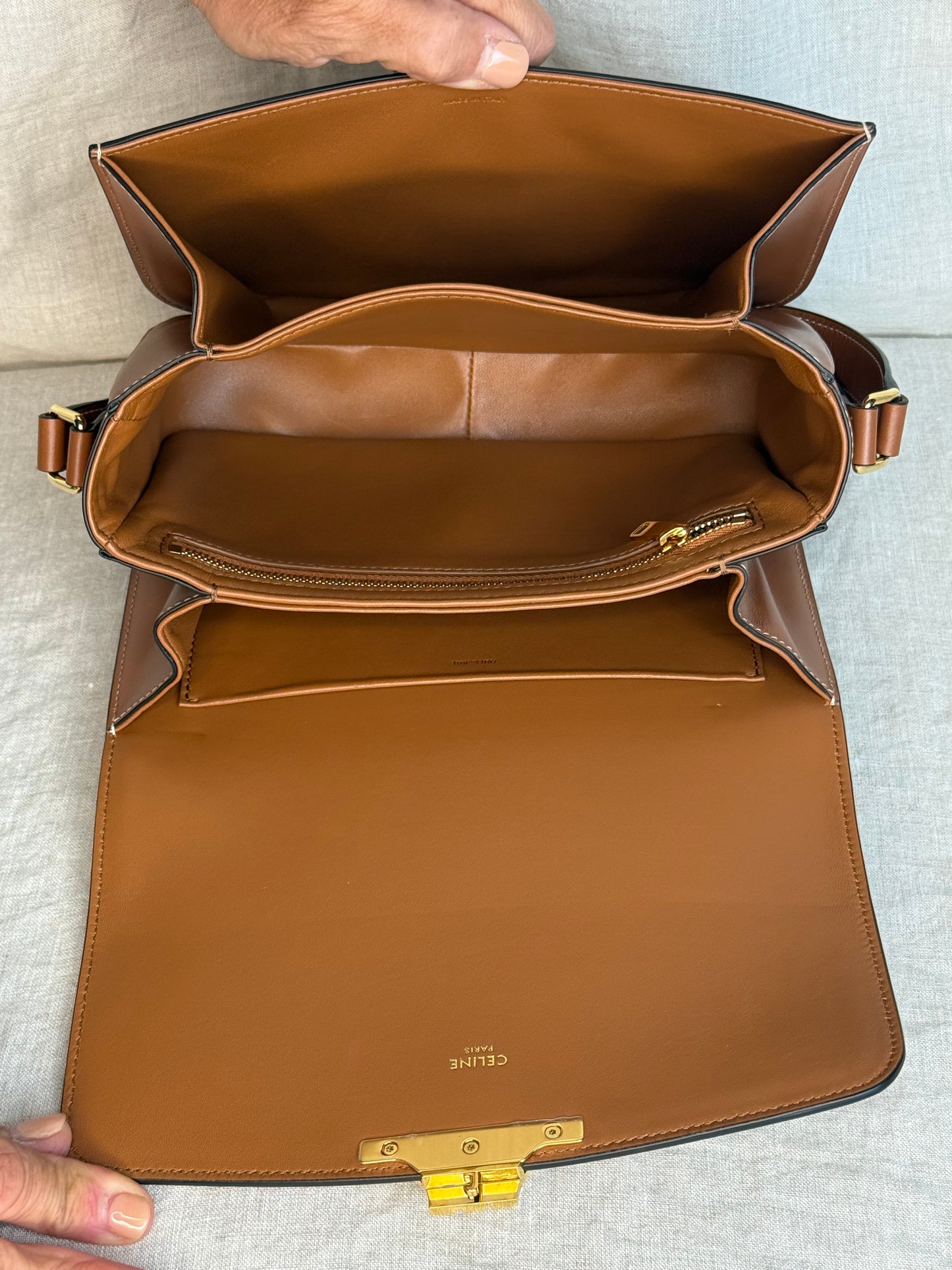 Celine Triomphe Crossbody Bag Monogram Canvas with Tan Calfskin Leather Trim