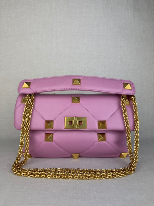 Valentino Rockstud Top Handle Bag with Gold Hardware- Pink