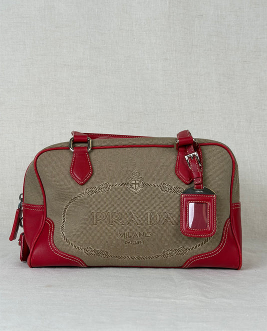 Prada Milano Bowling-Style Handbag with Canvas Fabric and Red Leather Trim