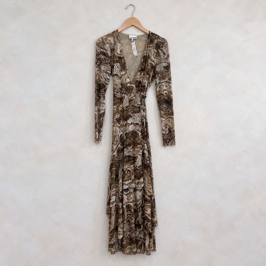 GANNI, Long Sleeve Mesh Animal Print Wrap Dress, 34