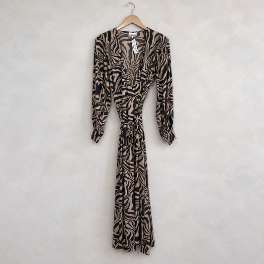 GANNI, Long Sleeve Rayon Animal Print Wrap Dress, 38