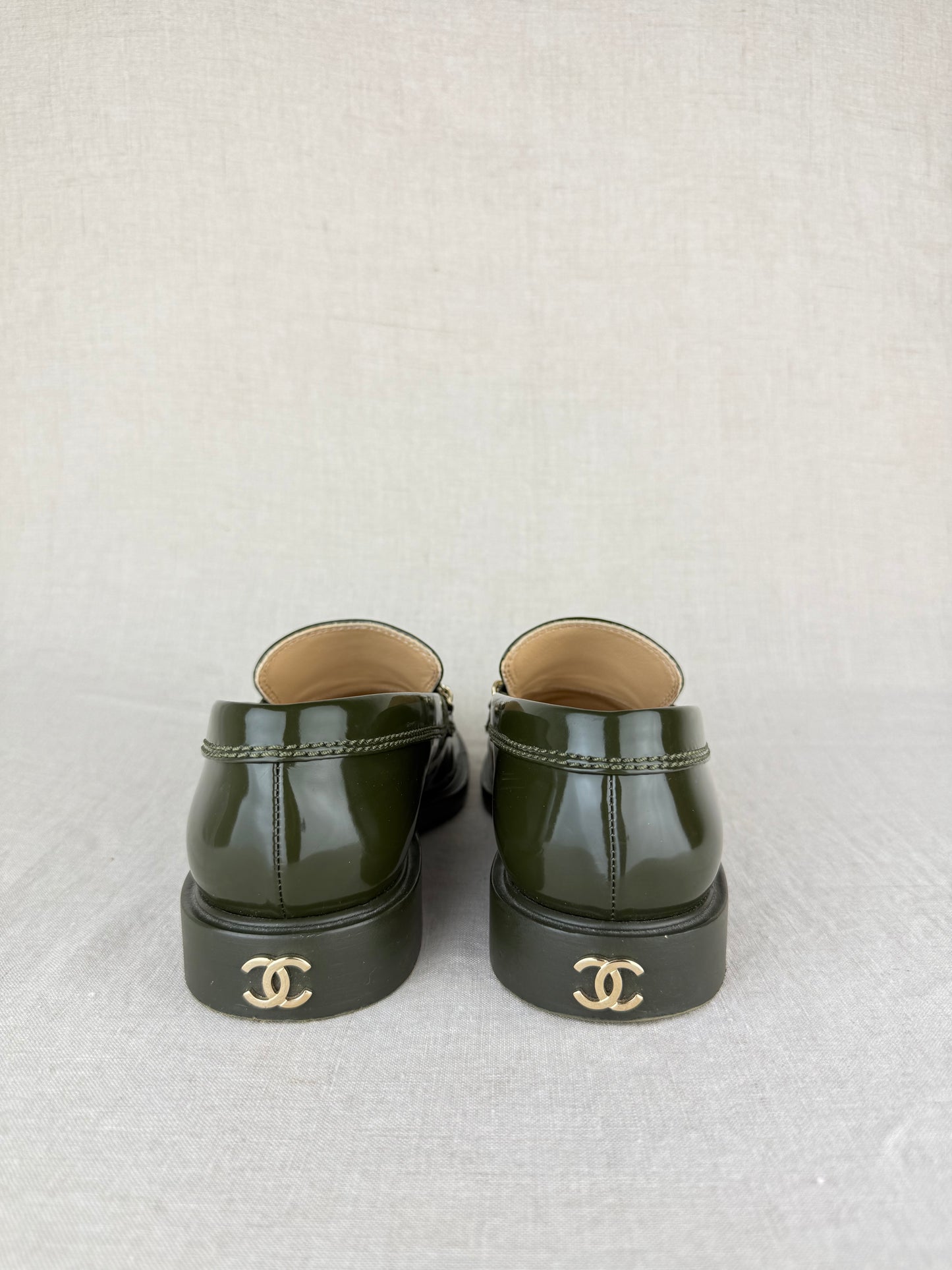 Chanel Green Patent Leather Loafers w/ Gold-Toned Hardware and CC Logo at Heel sz 38