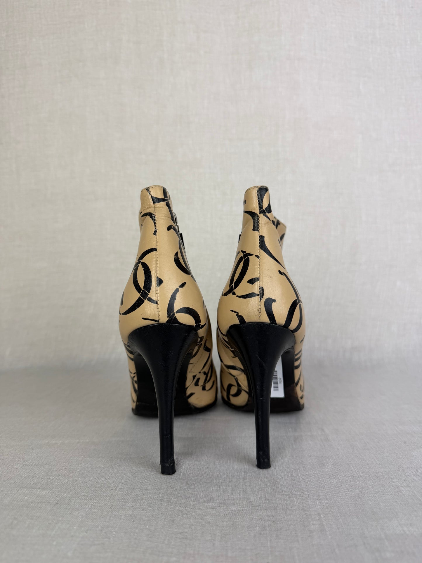 Chanel CC Monogram Heel Beige Sz 7.5