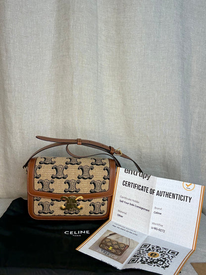 Celine Triomphe Crossbody Bag Monogram Canvas with Tan Calfskin Leather Trim