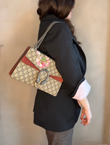 Gucci GG Supreme Blooms Medium Bag- Tan Coated Canvas/ Burgundy Leather
