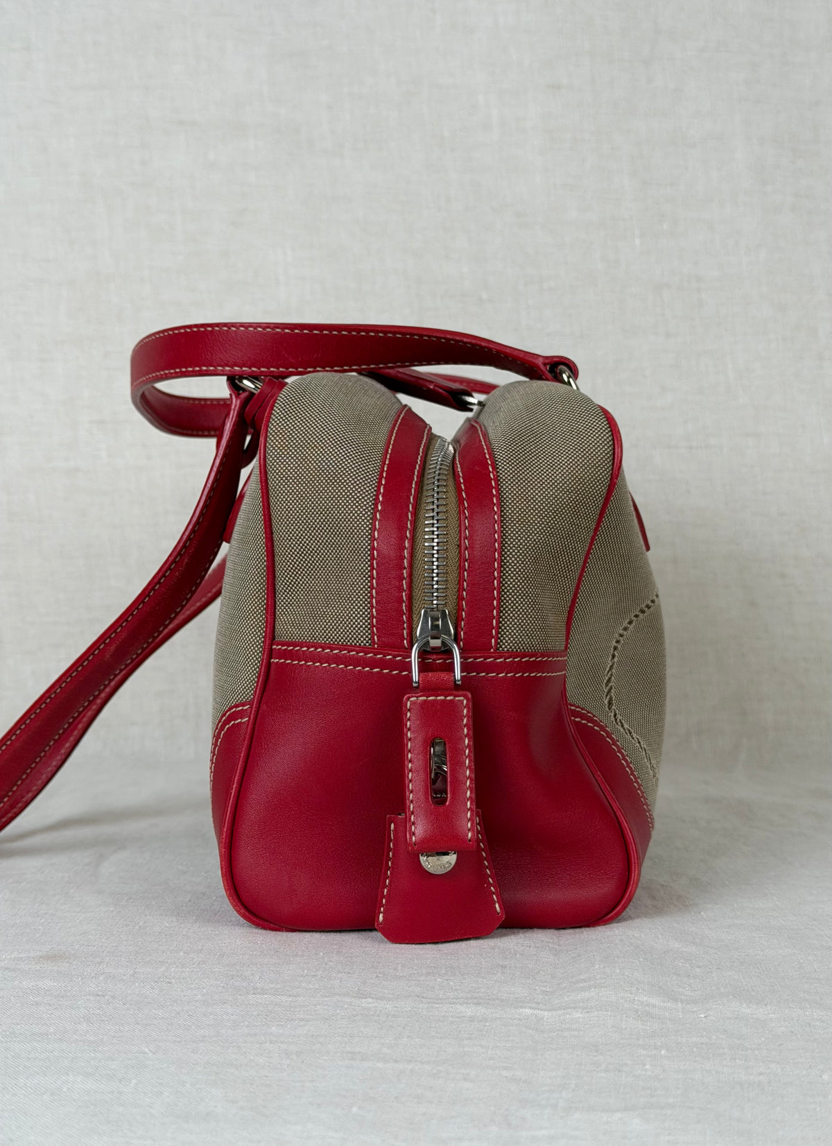 Prada Milano Bowling-Style Handbag with Canvas Fabric and Red Leather Trim