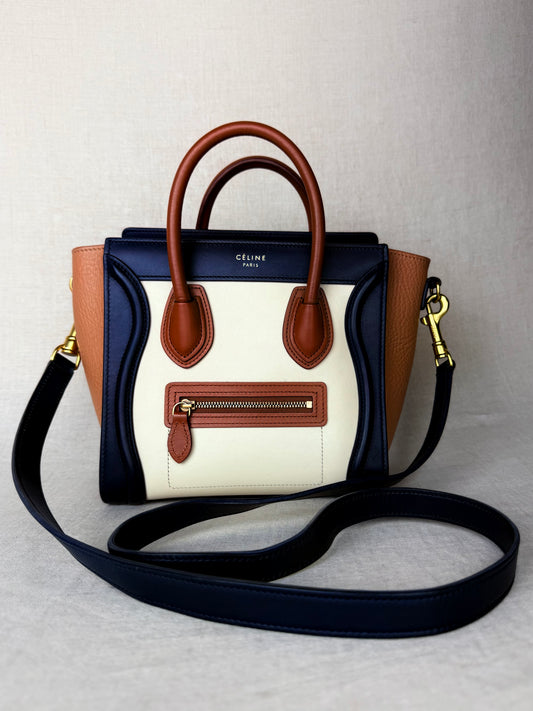 Celine Nano Tri-Color Luggage Tote- Cream/Navy/Tan