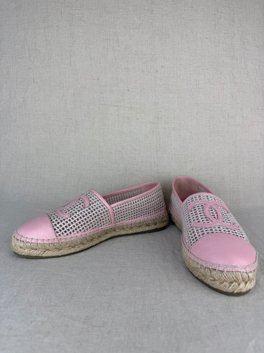 Chanel Woven Fabric and Pink Leather CC Cap Espadrilles sz 40