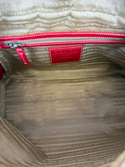 Prada Milano Bowling-Style Handbag with Canvas Fabric and Red Leather Trim