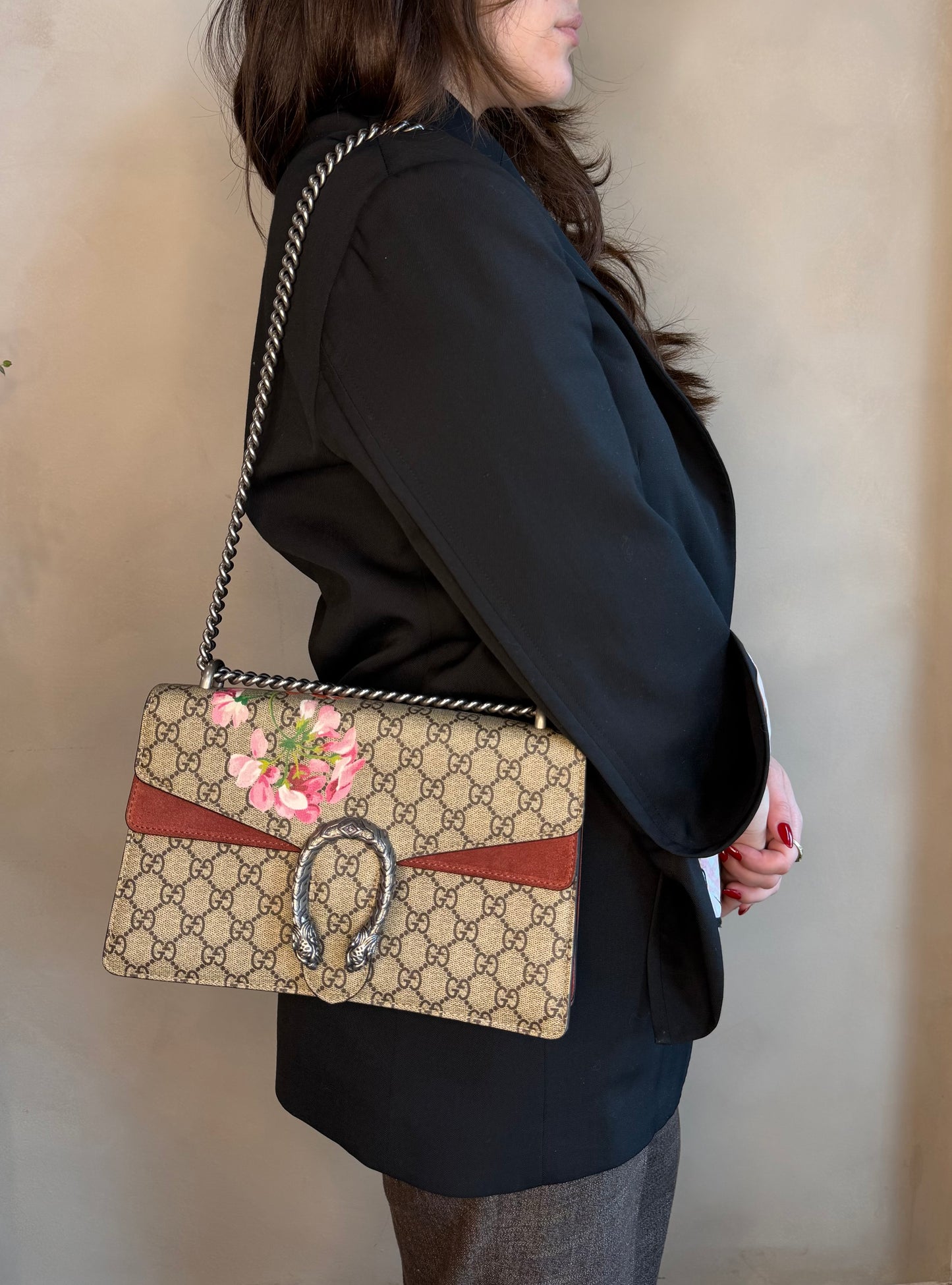 Gucci GG Supreme Blooms Medium Bag- Tan Coated Canvas/ Burgundy Leather