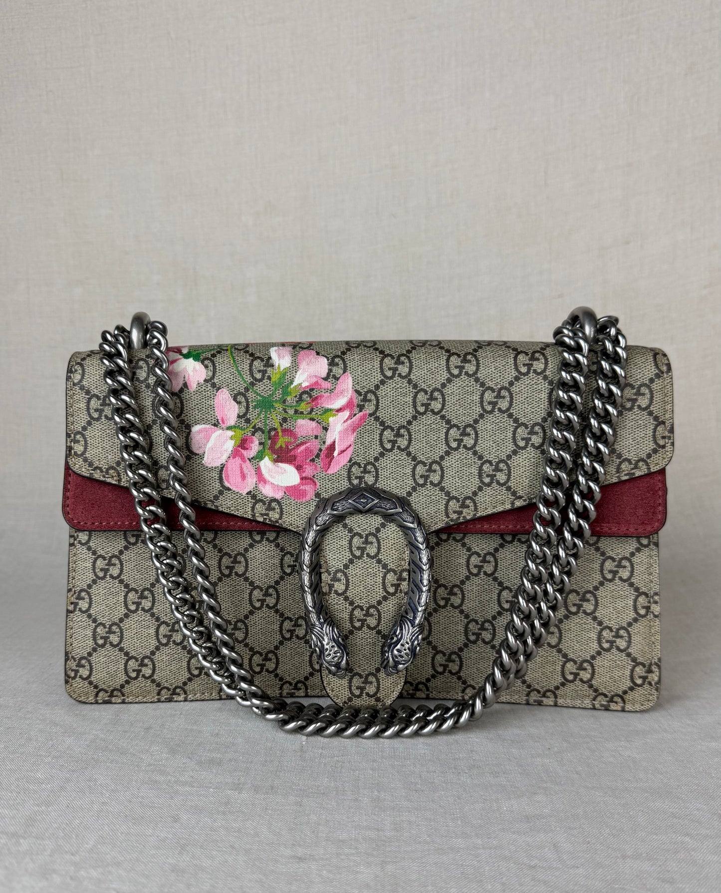 Gucci GG Supreme Blooms Medium Bag- Tan Coated Canvas/ Burgundy Leather