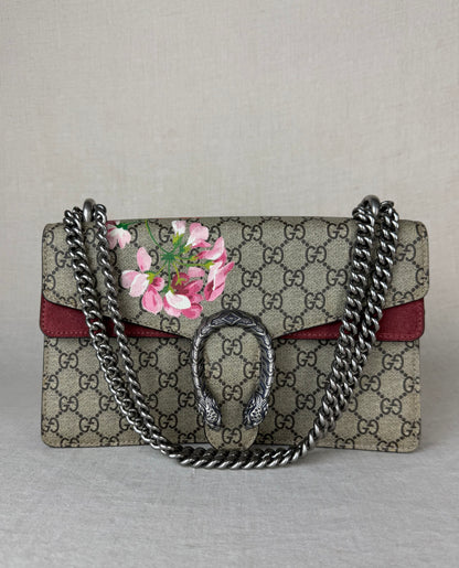 Gucci GG Supreme Blooms Medium Bag- Tan Coated Canvas/ Burgundy Leather