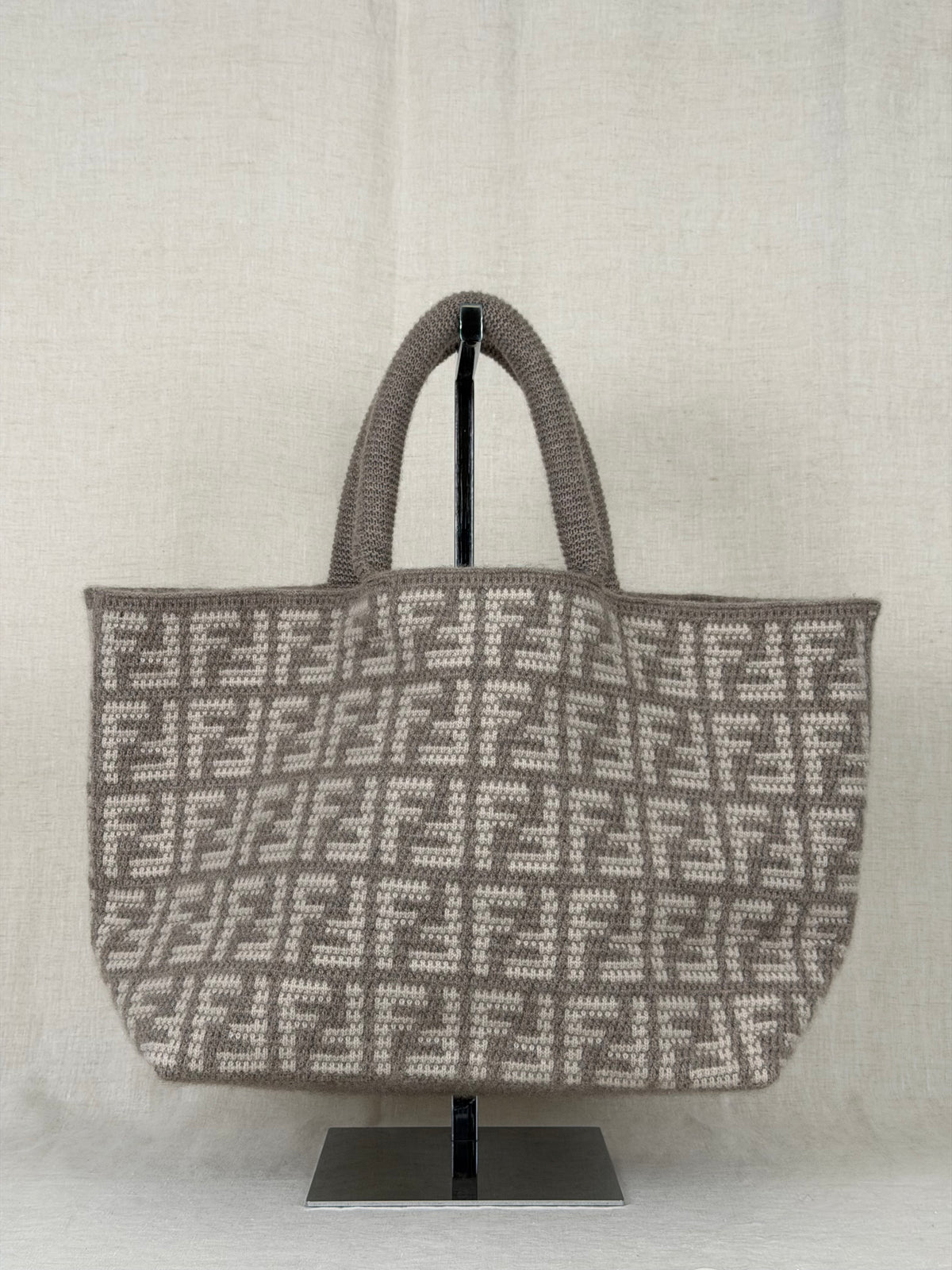 Fendi Cashmere Knitted Zucca Shoppers Tote- Grey/Cream