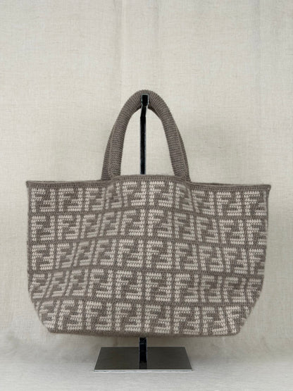 Fendi Cashmere Knitted Zucca Shoppers Tote- Grey/Cream