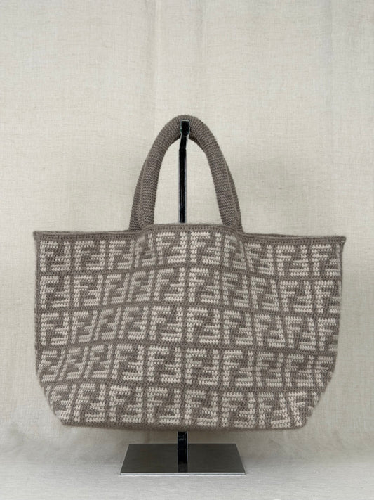 FENDI Cashmere Knitted Zucca Shoppers Tote- Grey/Cream