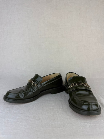 Chanel Green Patent Leather Loafers w/ Gold-Toned Hardware and CC Logo at Heel sz 38
