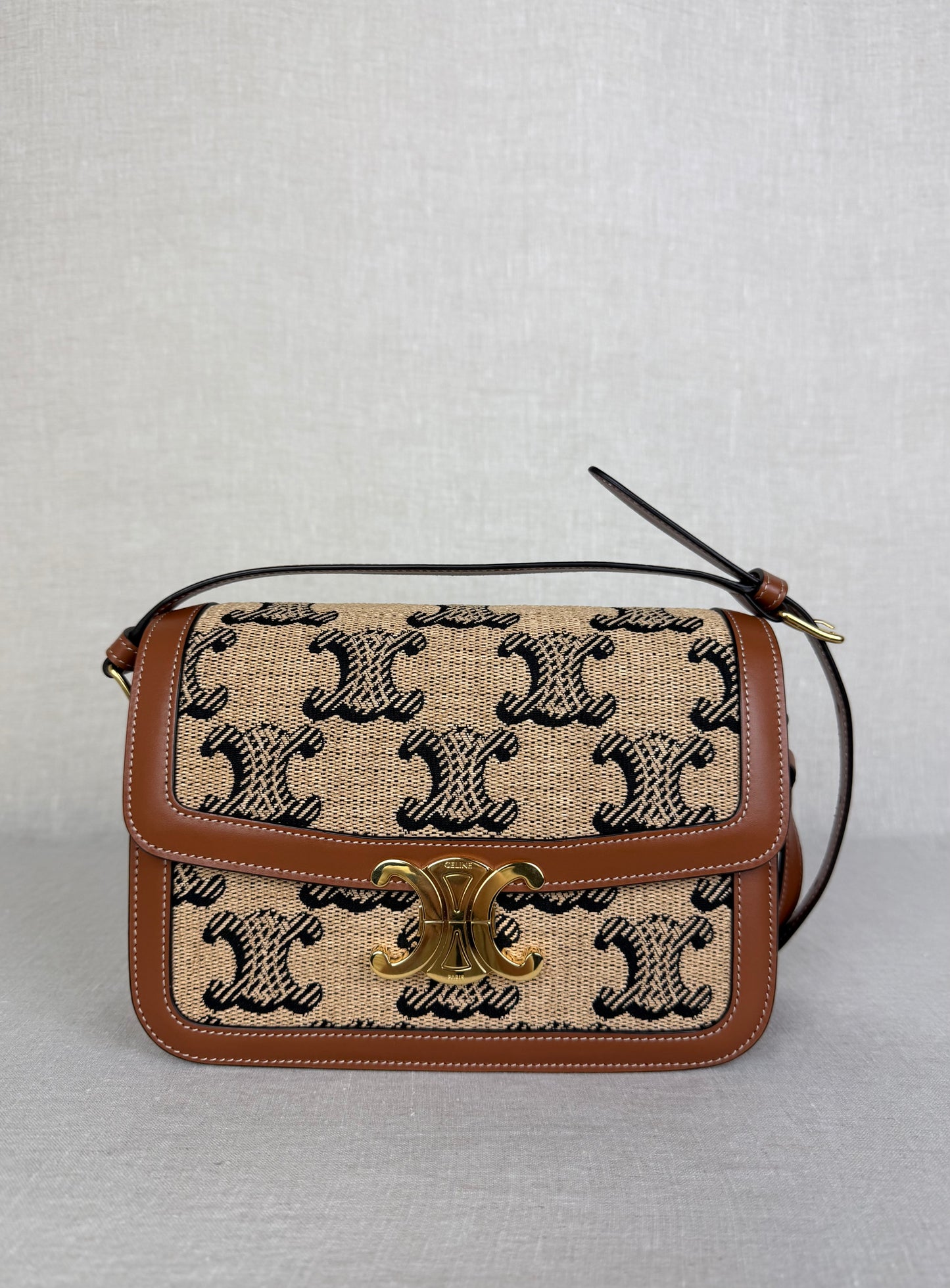 Celine Triomphe Crossbody Bag Monogram Canvas with Tan Calfskin Leather Trim