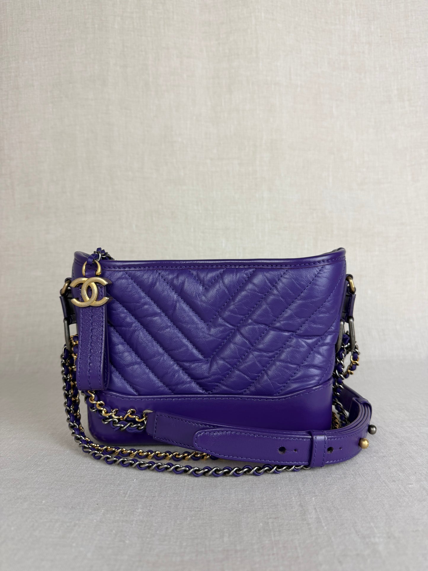 2019-2020 Chanel Aged Calfskin Purple Chevron Quilted Small Gabrielle Hobo