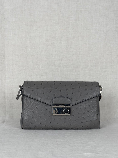 Prada Ostrich Leather Flap Bag - Grey