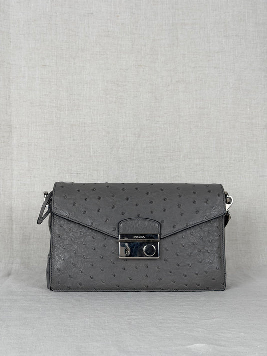 Prada Ostrich Leather Flap Bag - Grey