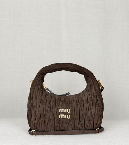 MIU MIU Matelasse Small Suede Hobo- Brown Suede