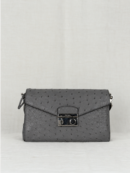 PRADA Ostrich Leather Flap Bag - Grey