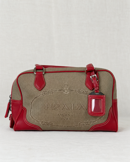 PRADA Milano Bowling-Style Handbag with Canvas Fabric and Red Leather Trim
