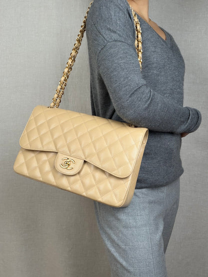 Chanel Classic Beige Jumbo in Caviar Leather with Gold Hardware
