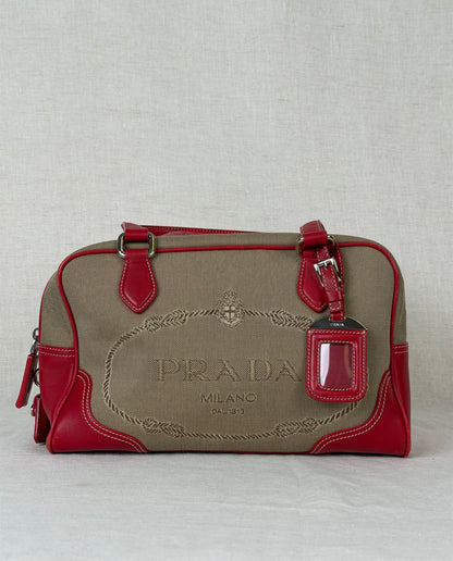 Prada Logo Jacquard Canapa Bowler Bag
