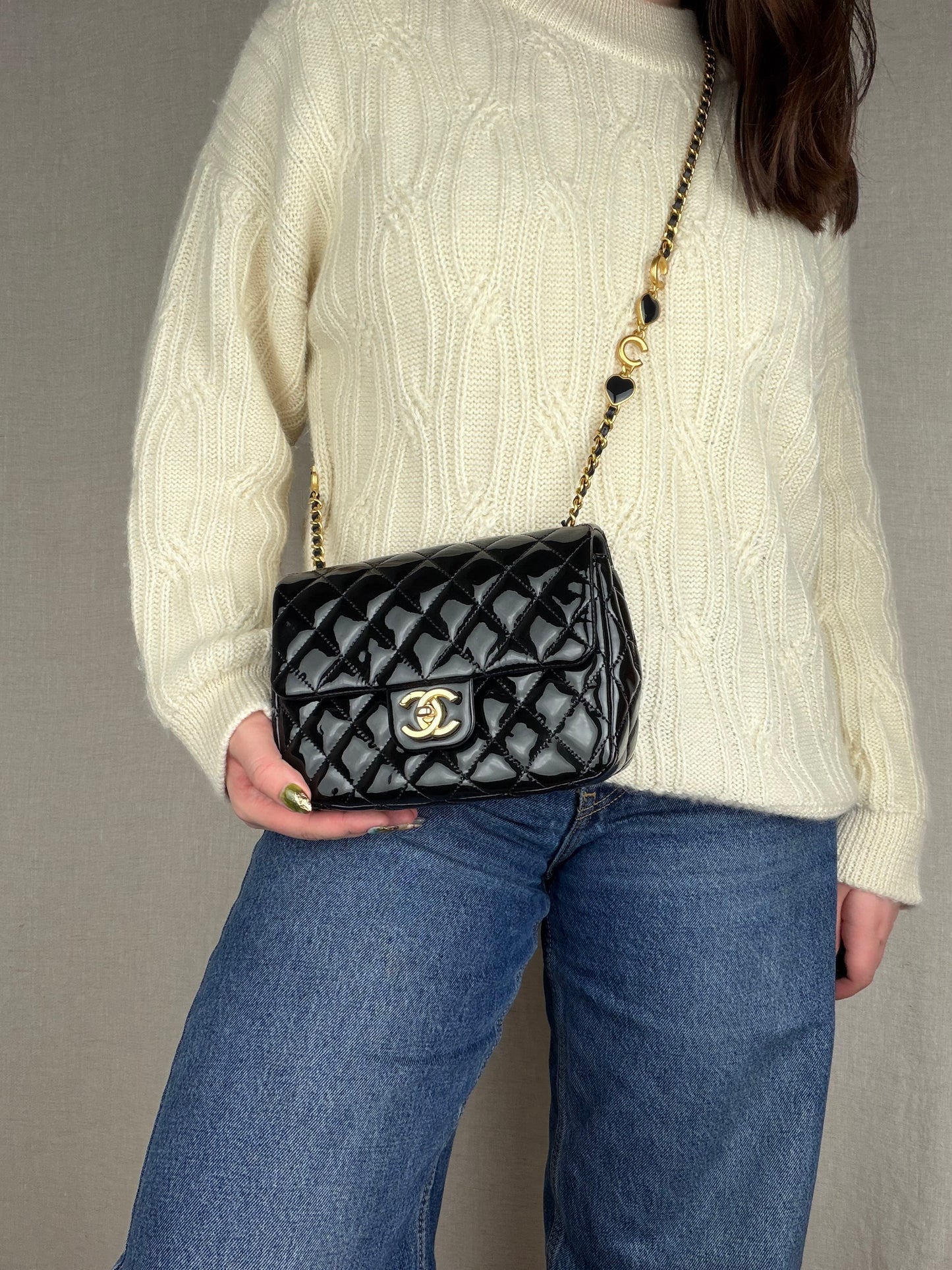 Chanel 2021 Black Patent Enamel Mini Coco Hearts Square Flap Bag