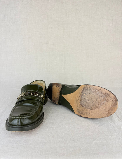 Chanel Green Patent Leather Loafers w/ Gold-Toned Hardware and CC Logo at Heel sz 38