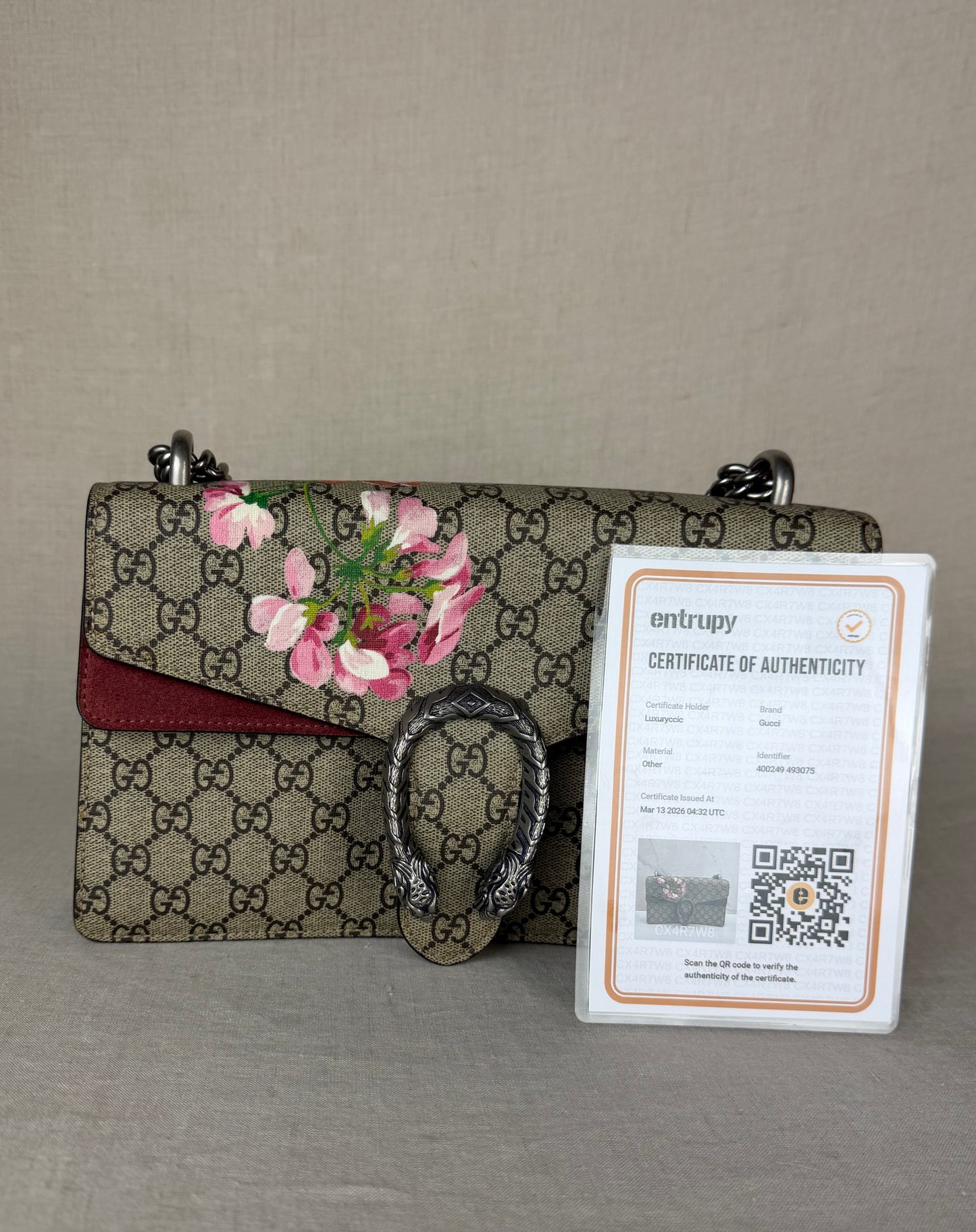 Gucci GG Supreme Blooms Medium Bag- Tan Coated Canvas/ Burgundy Leather