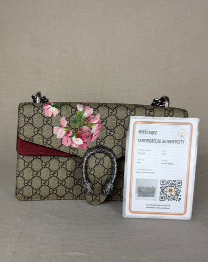 Gucci GG Supreme Blooms Medium Bag- Tan Coated Canvas/ Burgundy Leather