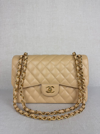 Chanel Classic Beige Jumbo in Caviar Leather with Gold Hardware