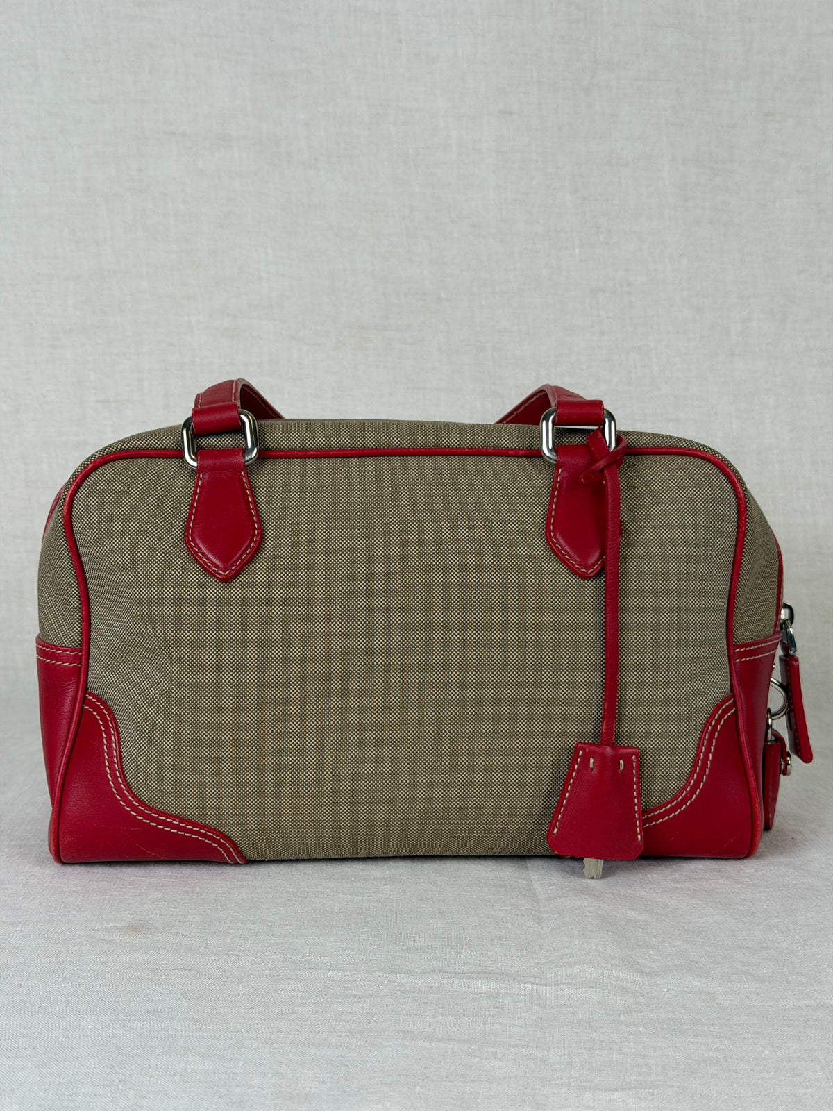 Prada Milano Bowling-Style Handbag with Canvas Fabric and Red Leather Trim