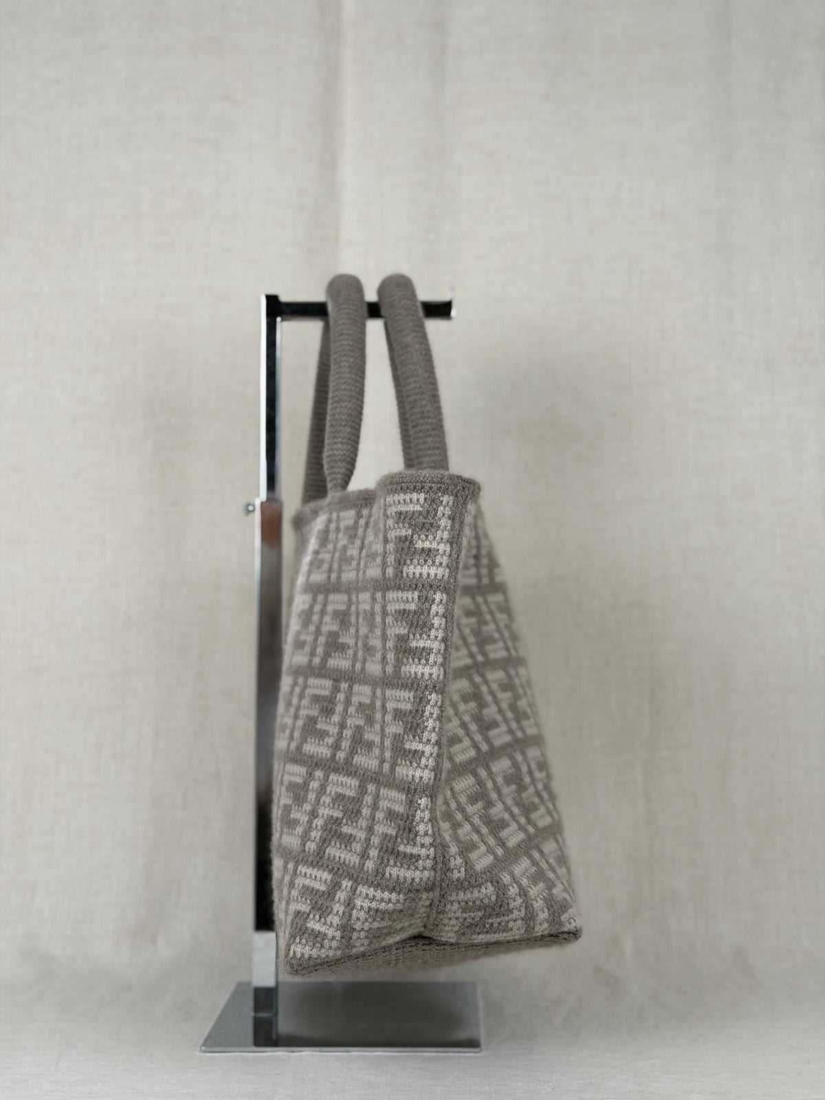 Fendi Cashmere Knitted Zucca Shoppers Tote- Grey/Cream
