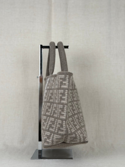 Fendi Cashmere Knitted Zucca Shoppers Tote- Grey/Cream